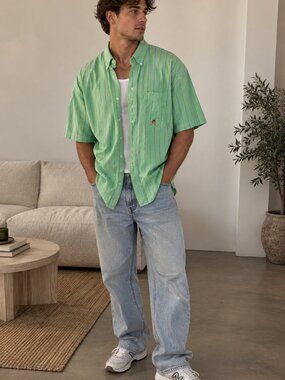 Tommy Hilfiger Mens XXL Green Striped Short Sleeve Button Down Shirt